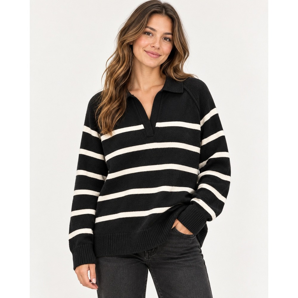 Aerie unREAL Polo Sweater Women L Black White Stripe Oversized V Neck Preppy